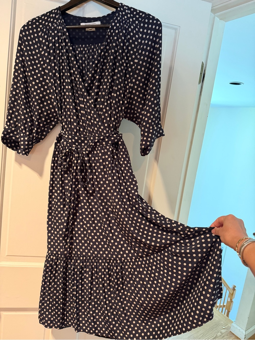 Gerard Darel Navy and White Polka Dot Wrap Midi Dress